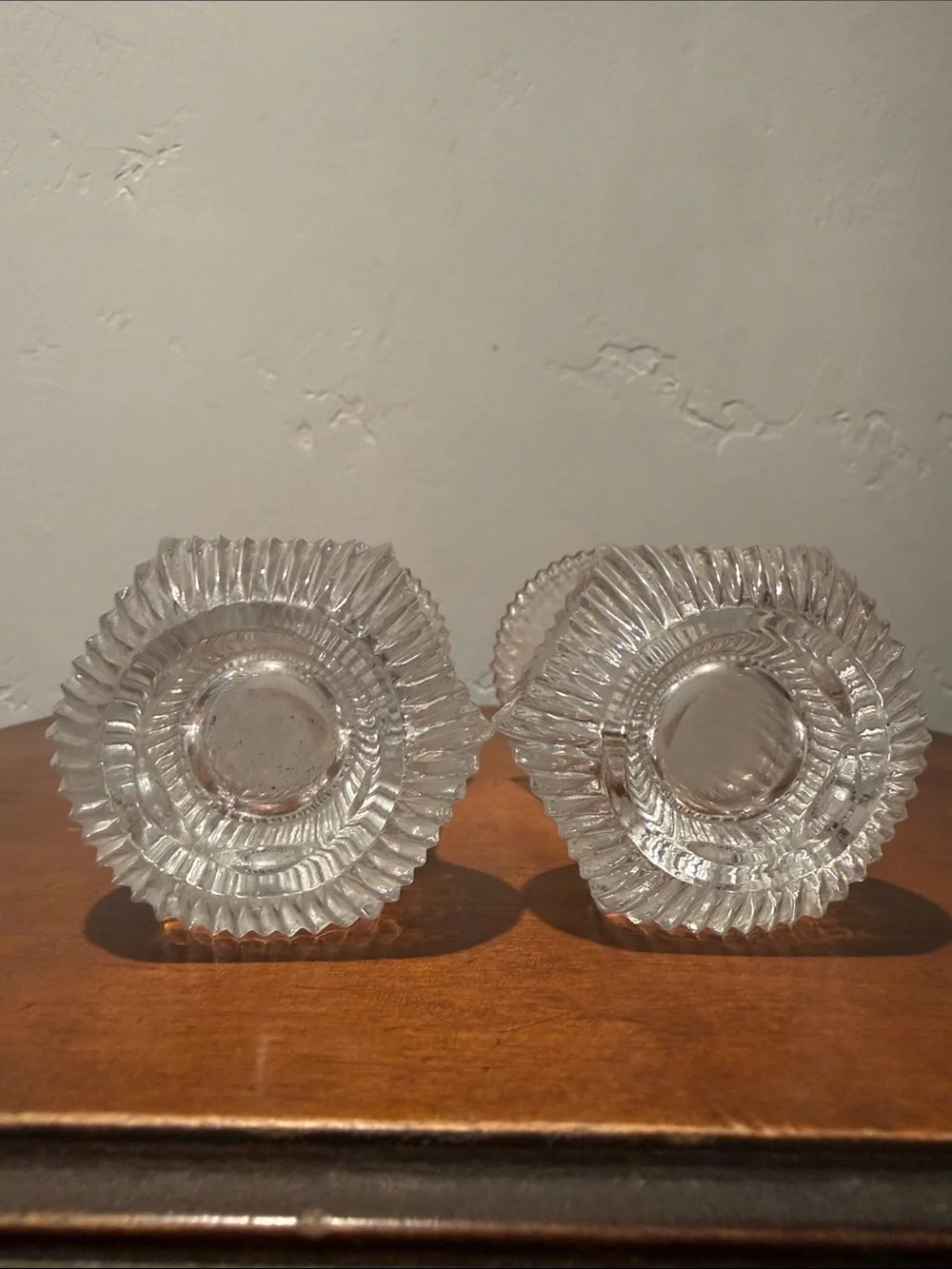 Vintage Pair Clear Glass Optic Ribbed Glass Bud Vases 4.75” Flared Trumpet